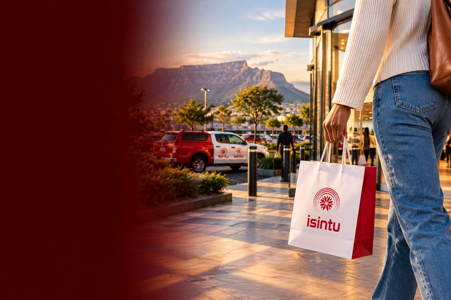Customer leaving a Cape Town mall with an Isintu bag, Table Mountain behind